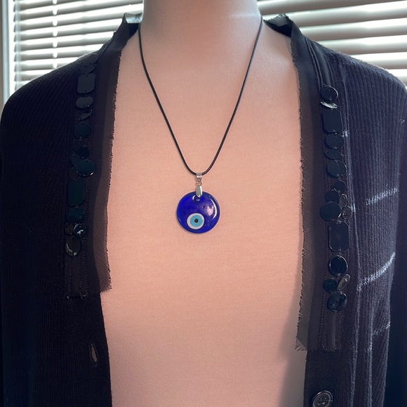 Evil Eye Turkish Glass Pendant with Black Cord Adjustable Necklace - Picture 1 of 5